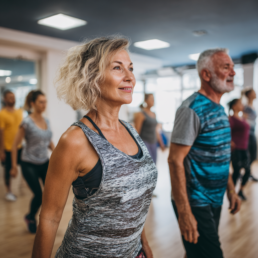 Middle-aged adults participating in diverse fitness training session